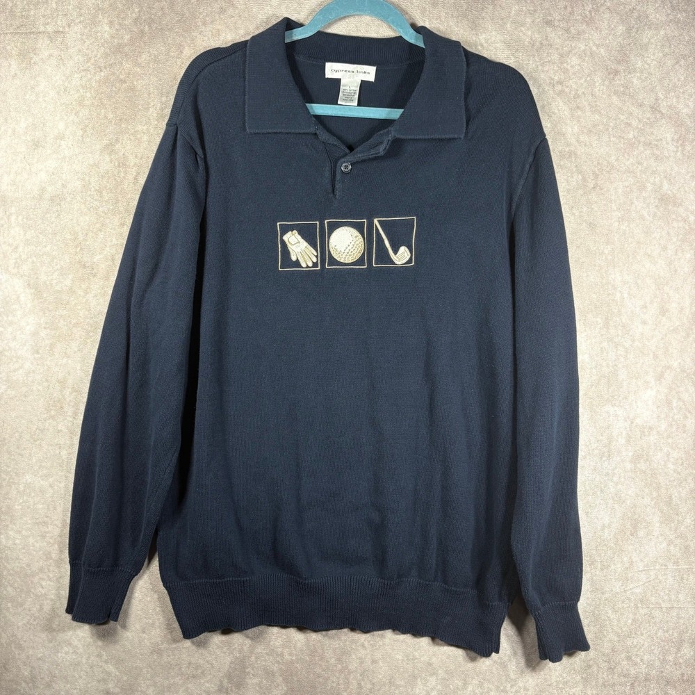 Cypress Links Sweater Mens Size Large Navy Blue Knit Golf Pullover Cotton Preppy